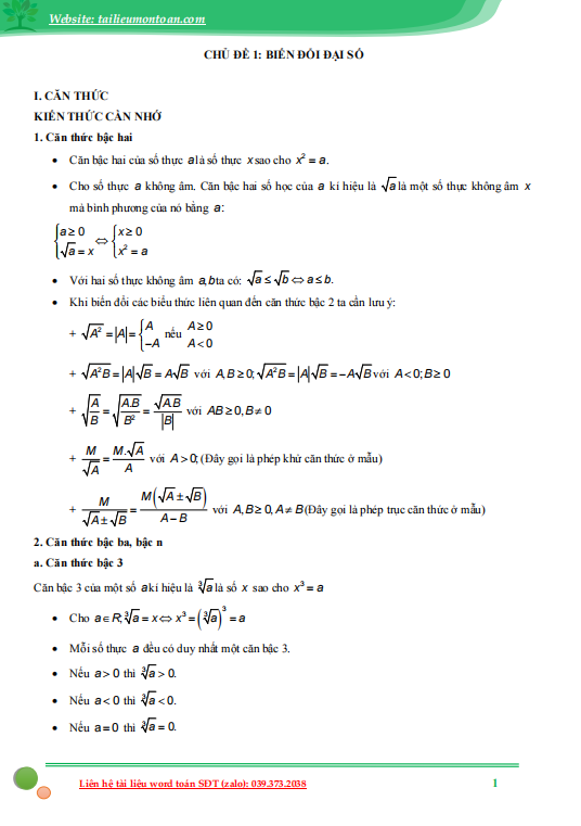 Chuyên đề biến đổi đại số